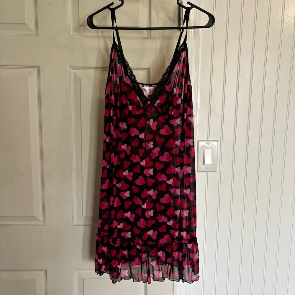 Cacique Lane Bryant Size 18/20 Mesh Heart Print Chemise Slip Lace neglige Y2k